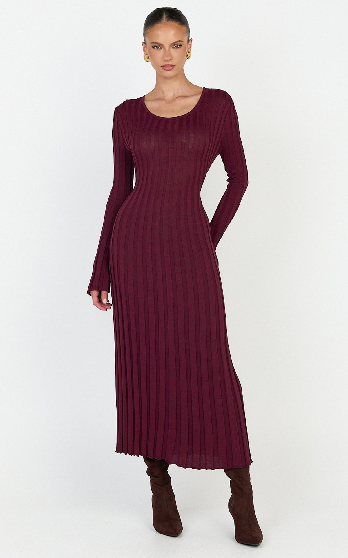 Blaire Midi Dress - Long Sleeve Tie Back Flare Dress in Wine