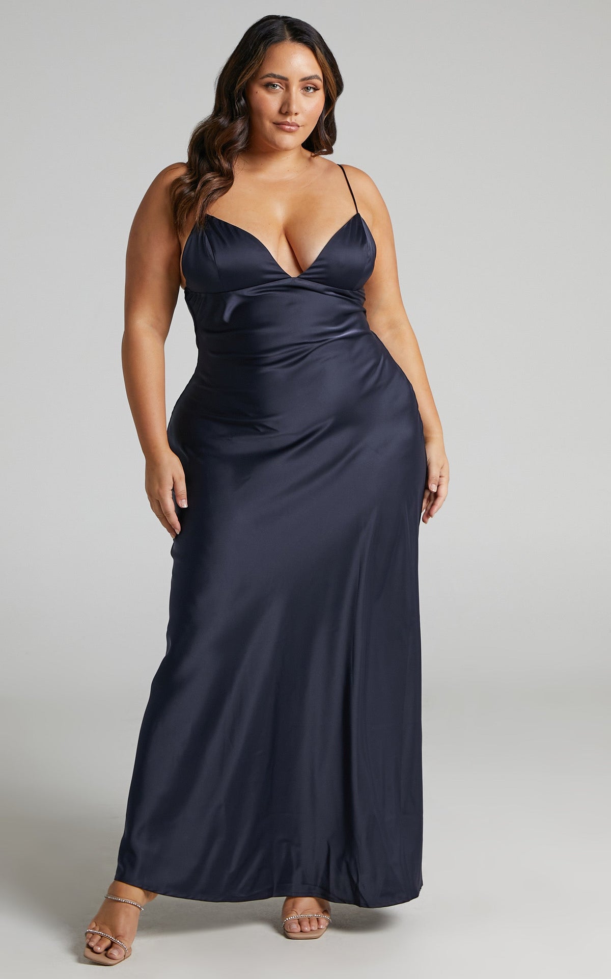 Cariela Maxi Dress - Plunge Neck Satin Dress in Navy