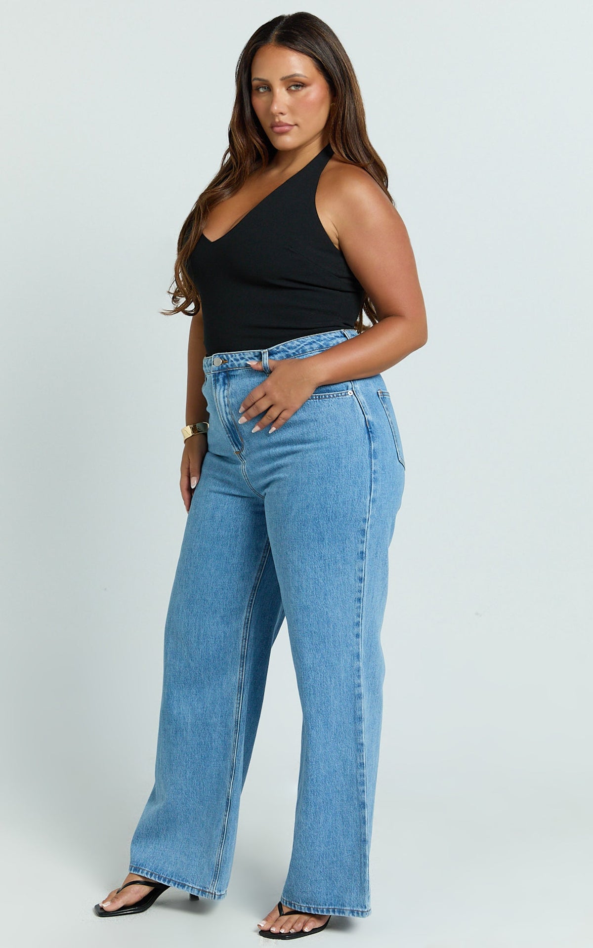 Cole Jeans - High Waist Relaxed Wide Leg Recycled Denim Jeans in Mid Blue Wash