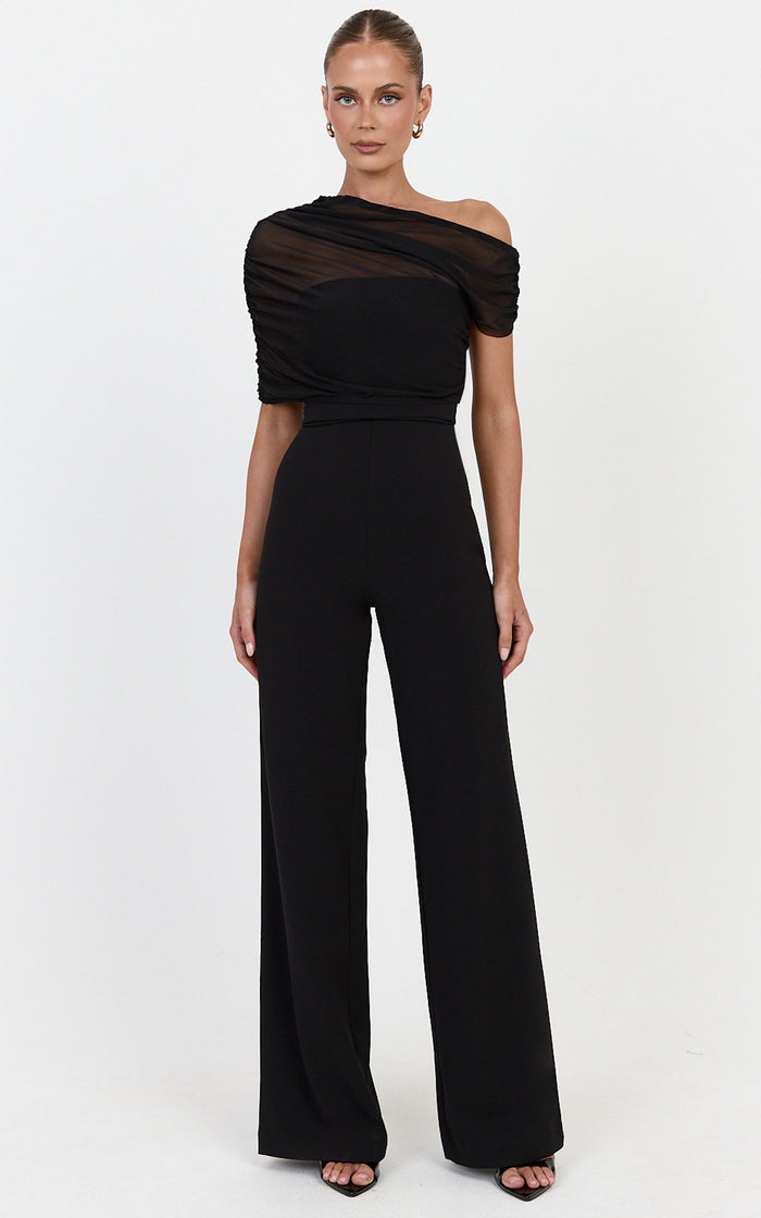 Eira Jumpsuit - Strapless Straight Leg Jumpsuit With Sheer Mesh Cape Overlay in Black