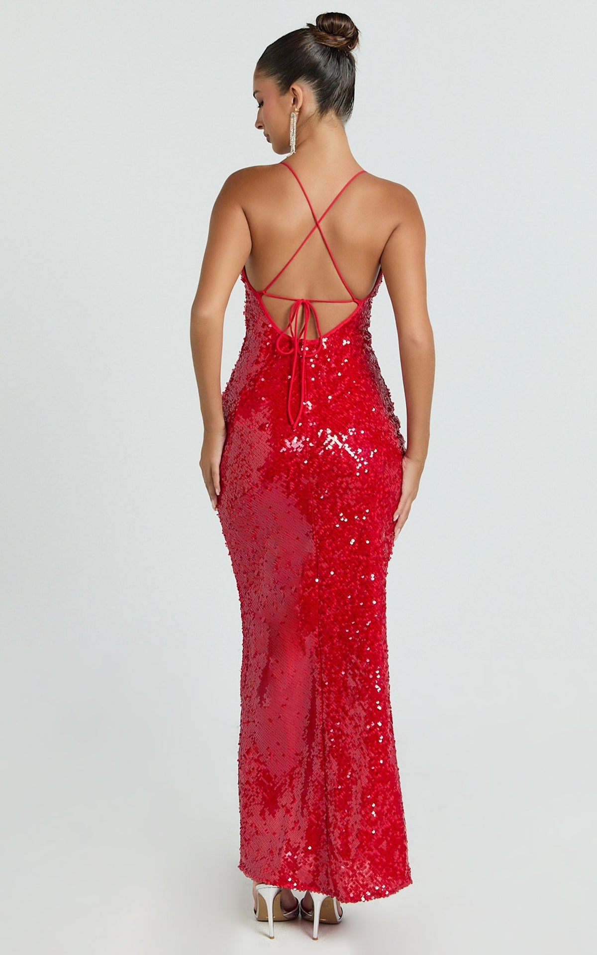 Finn Maxi Dress - Plunge Neck Sheer Sequin Slip Dress in Red