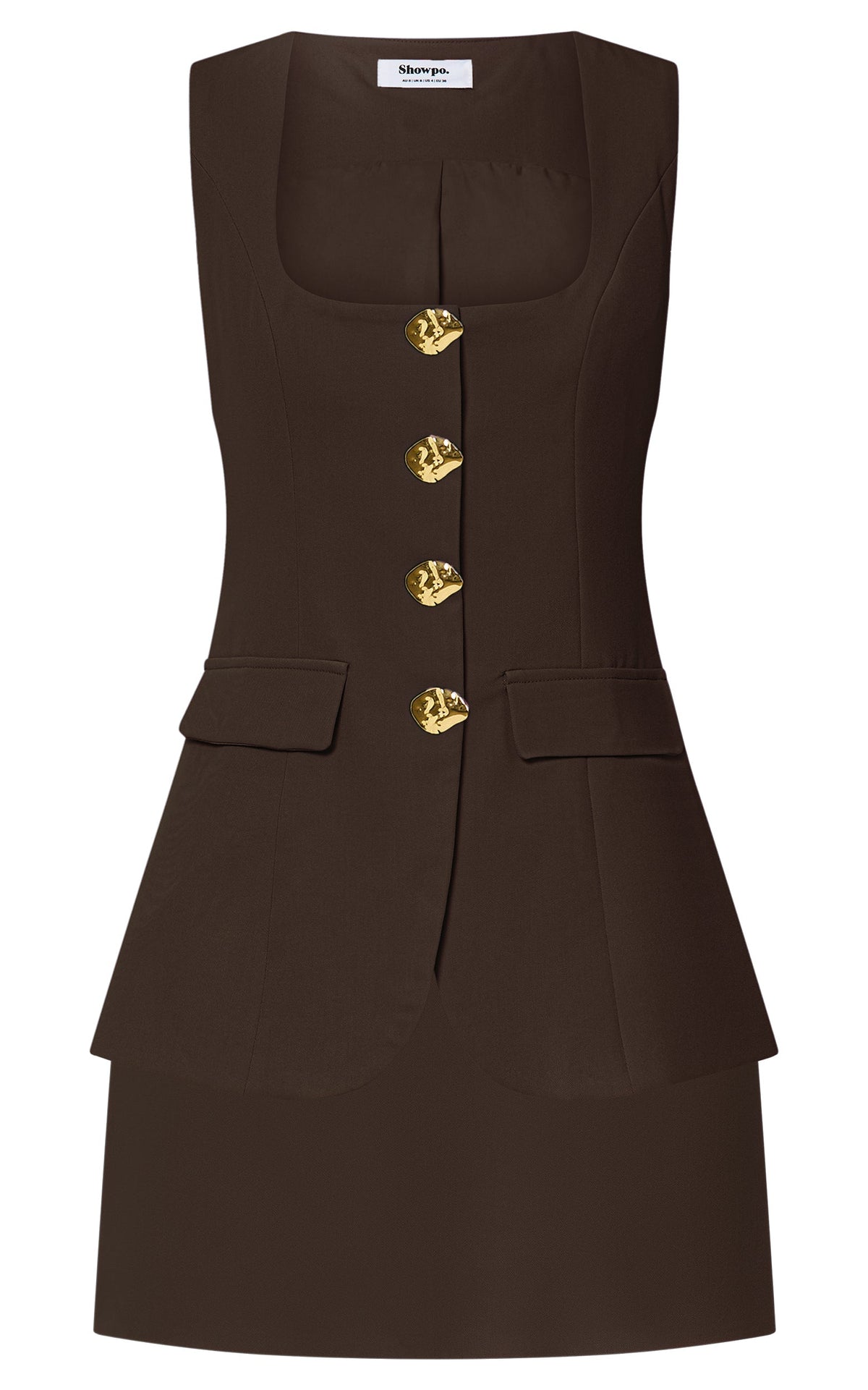 Phyllis Two Piece Set - Tailored Scoop Neck Vest Top and A Line Mini Skirt Set with Gold Buttons in Chocolate