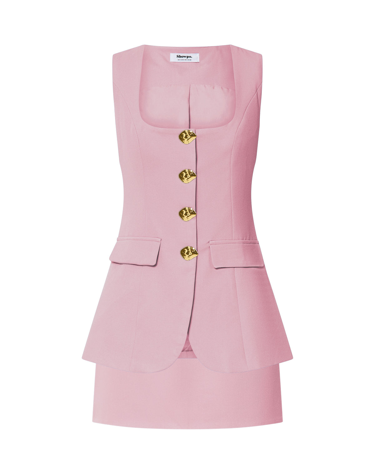 Phyllis Two Piece Set - Tailored Scoop Neck Vest Top and A Line Mini Skirt Set with Gold Buttons in Pink