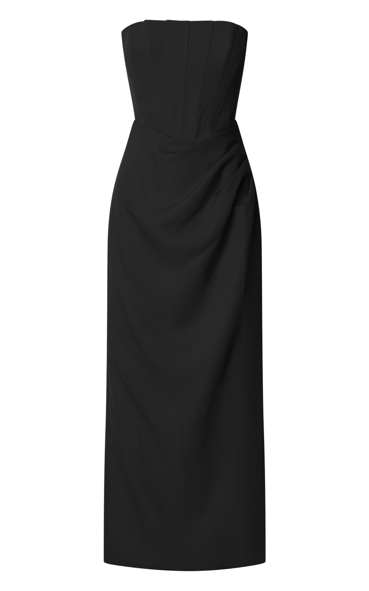 Avery Midi Dress - Strapless Draped Side Split Dress in Black
