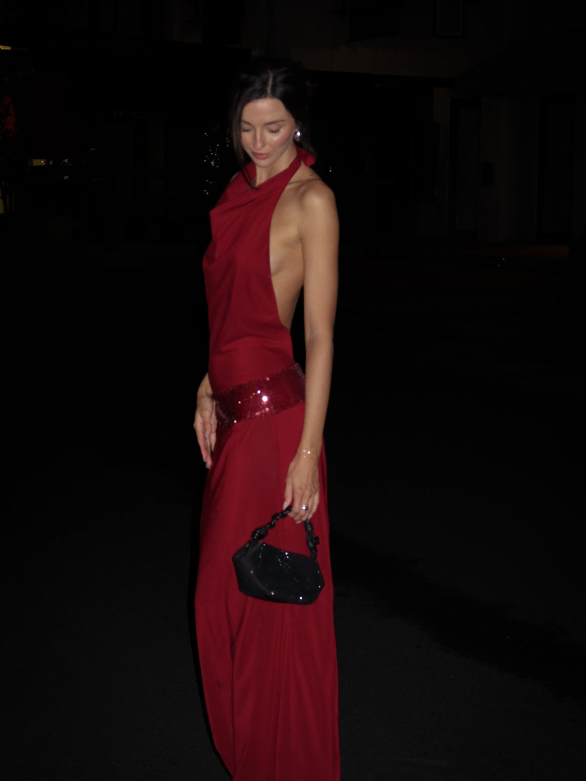 Evianne Maxi Dress - Backless Sequin Drop Waist Halter Dress in Wine