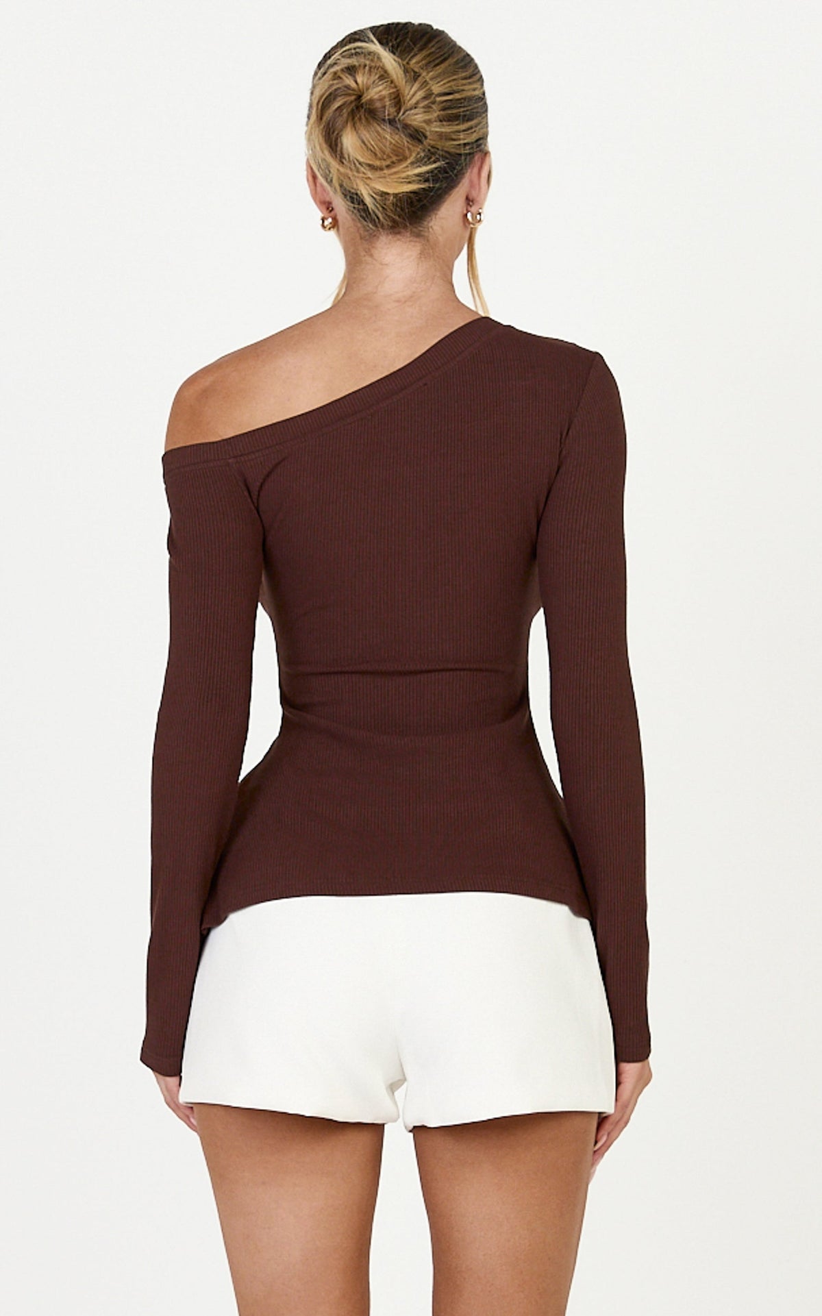 Josephine Top - Asymmetrical Neckline Long Sleeve Twist Detail Top in Chocolate
