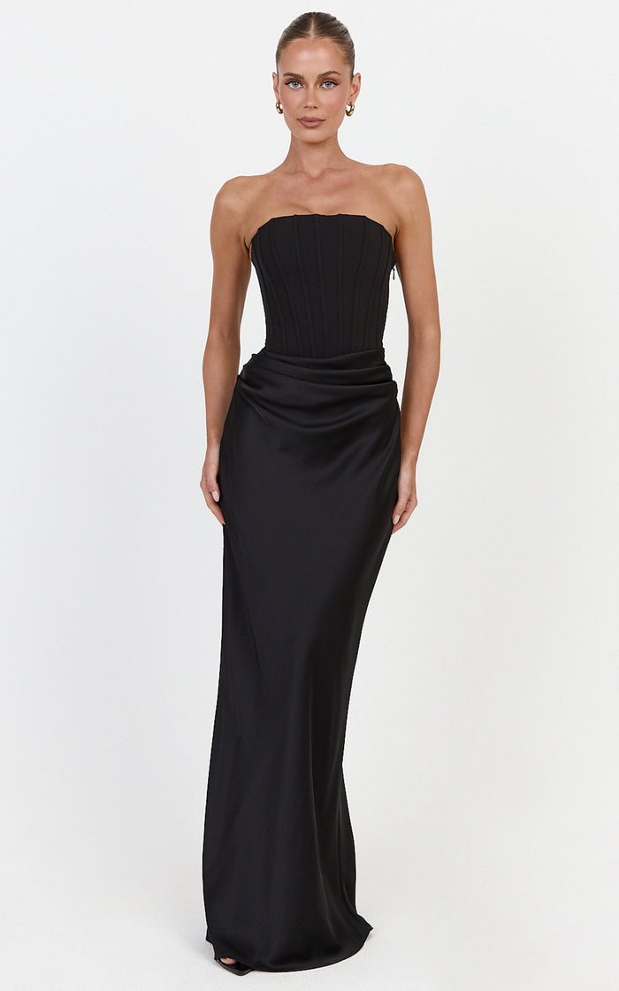 Kailani Maxi Dress - Strapless Corset Bodice Lace Up Back Dress in Black