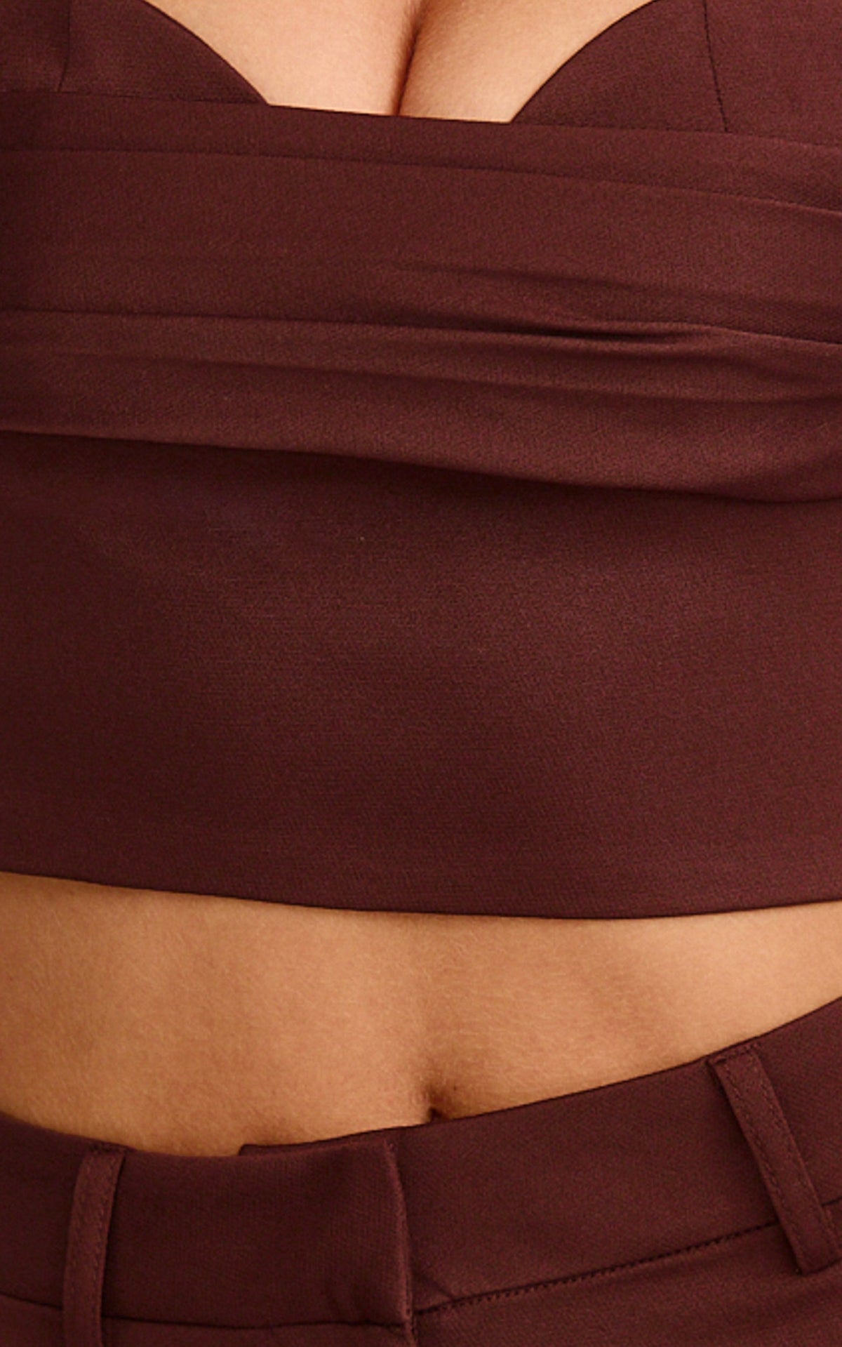 Kenna Two Piece Set - Gathered Bust Top And High Waist Straight Leg Pants Set in Chocolate