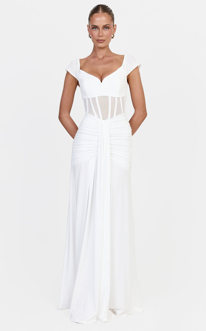 Luciana Maxi Dress - Sheer Corset Bodice Dress With Cap Sleeves And Hip Drape Details in White
