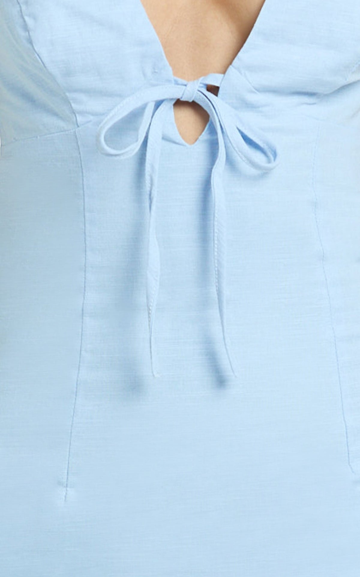 Lyla Midi Dress - Tie Front Plunge Halter Linen Blend Dress in Blue
