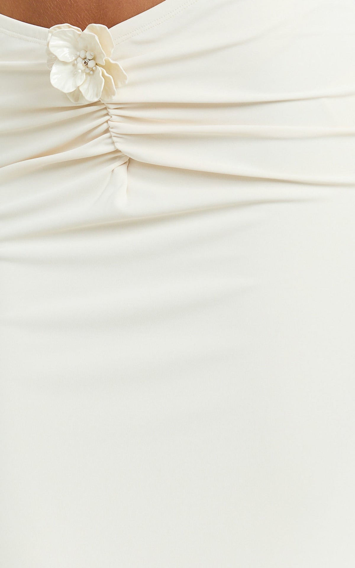 Mila Two Piece Top And Skirt Set - Asymmetric Cape Top And Ruched Floral Trim Maxi Skirt in Ivory