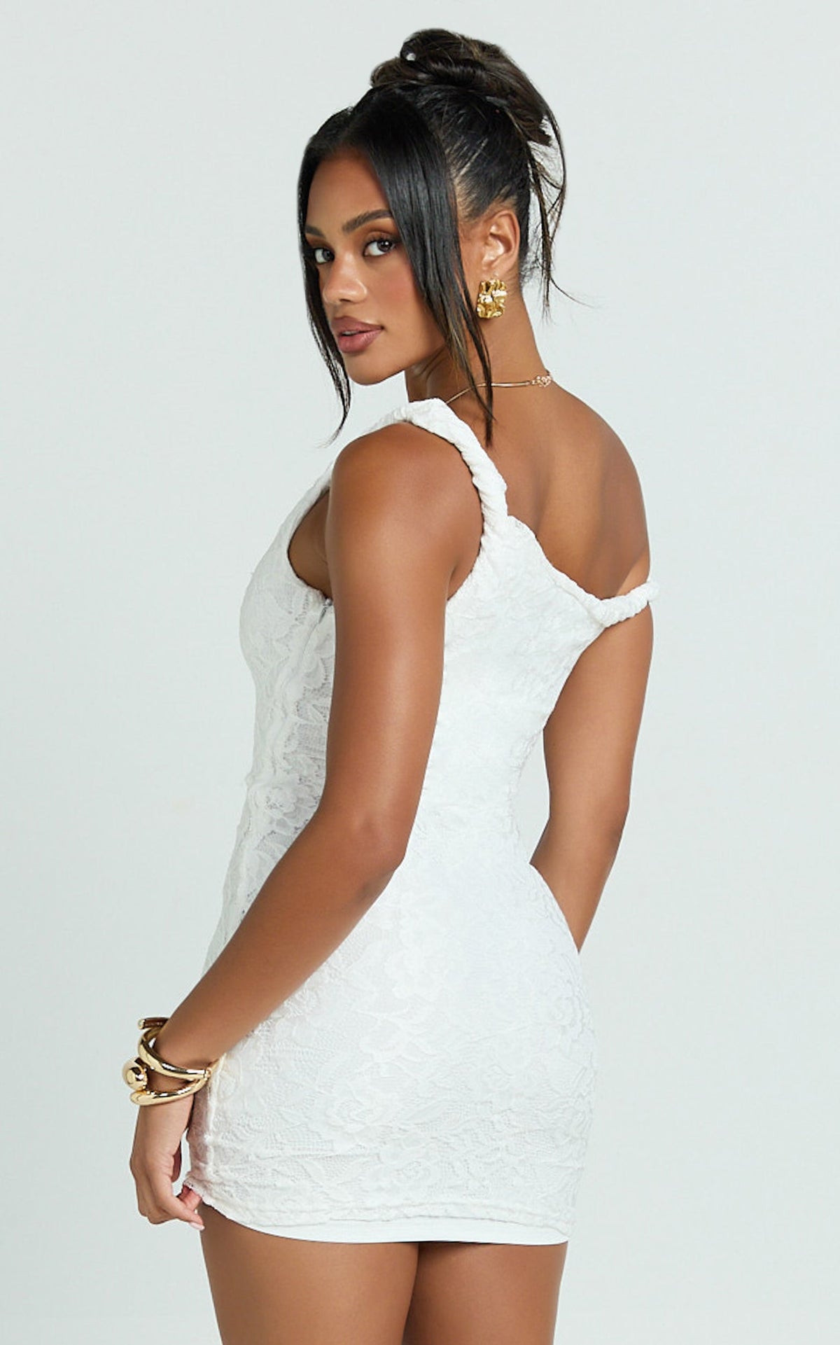 Miller Mini Dress - Lace Twist Off Shoulder Bodycon Dress in White