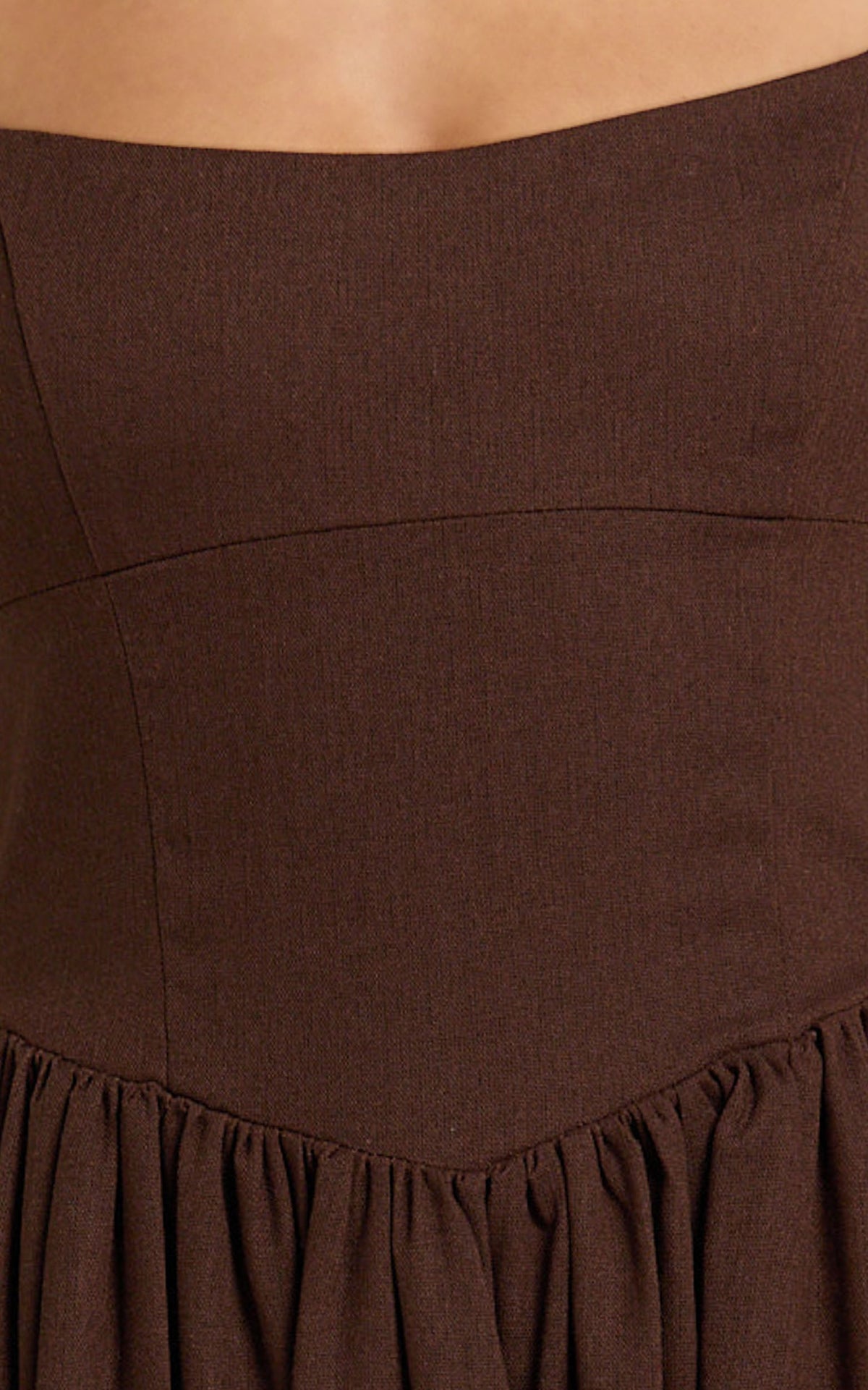 Morris Midi Dress - Linen Scoop Neck Gathered Dress in Chocolate