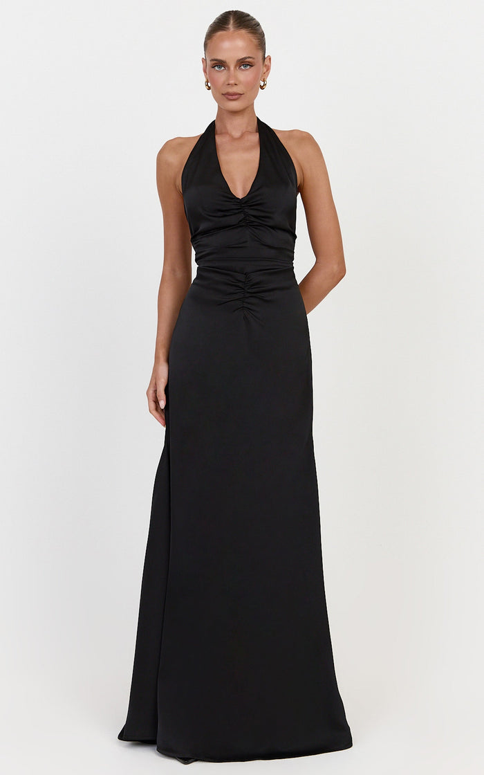 Nelle Maxi Dress - Backless Plunge Halter Neck Satin Dress With Knot Detail And Ruching in Black