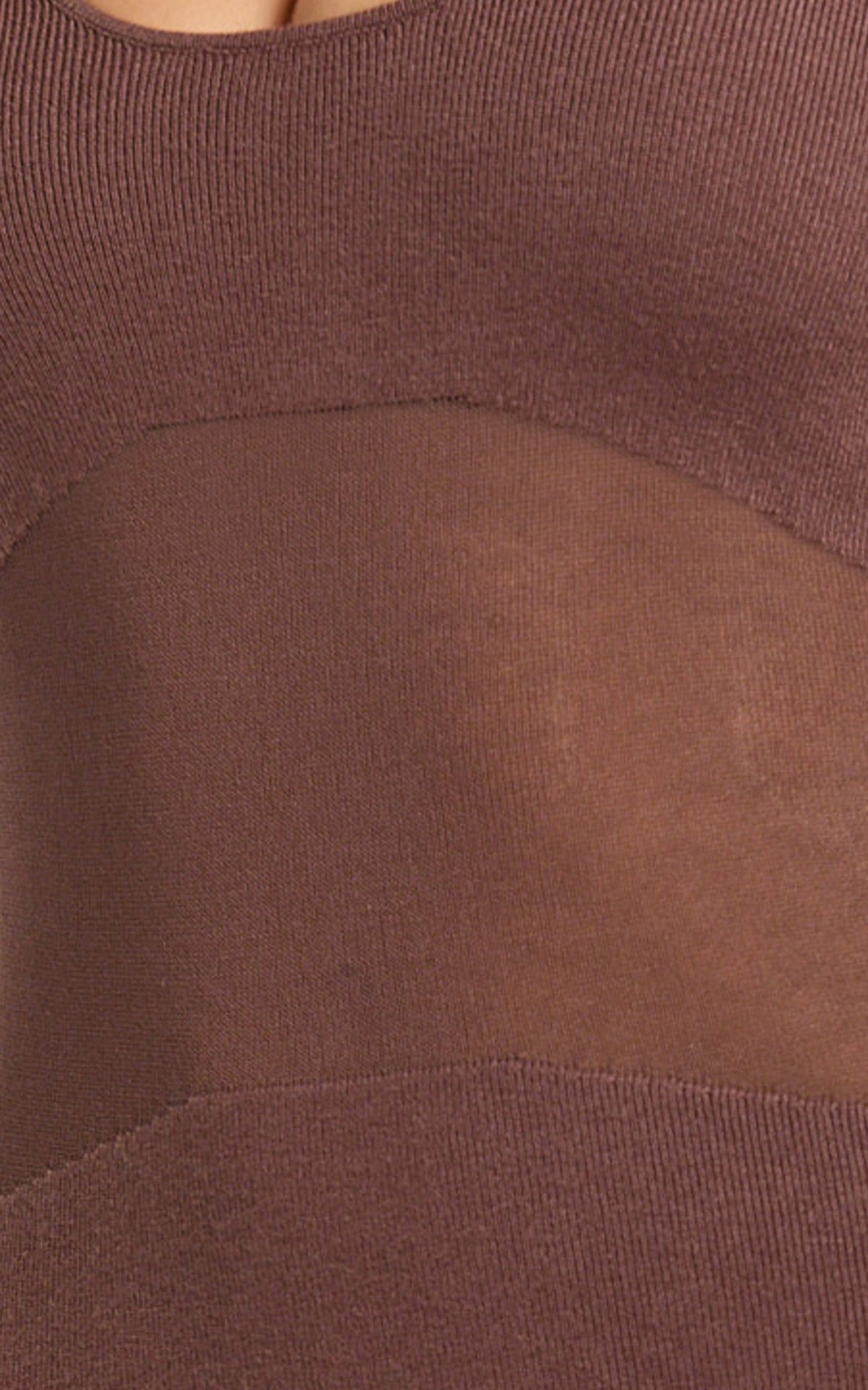 Odessa Midi Dress - U Neck Long Fitted Sleeve Sheer Waist Fitted Knit Dress in Chocolate