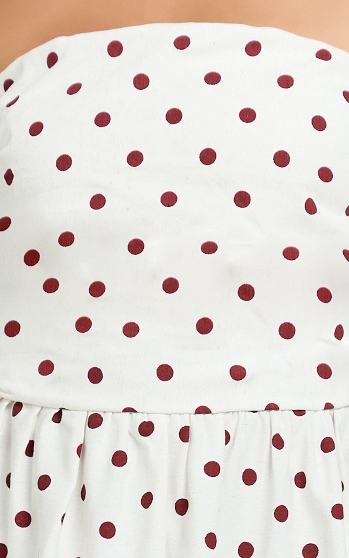 Polly Midi Dress - Strapless Ruched Dress in Red Polka Dot