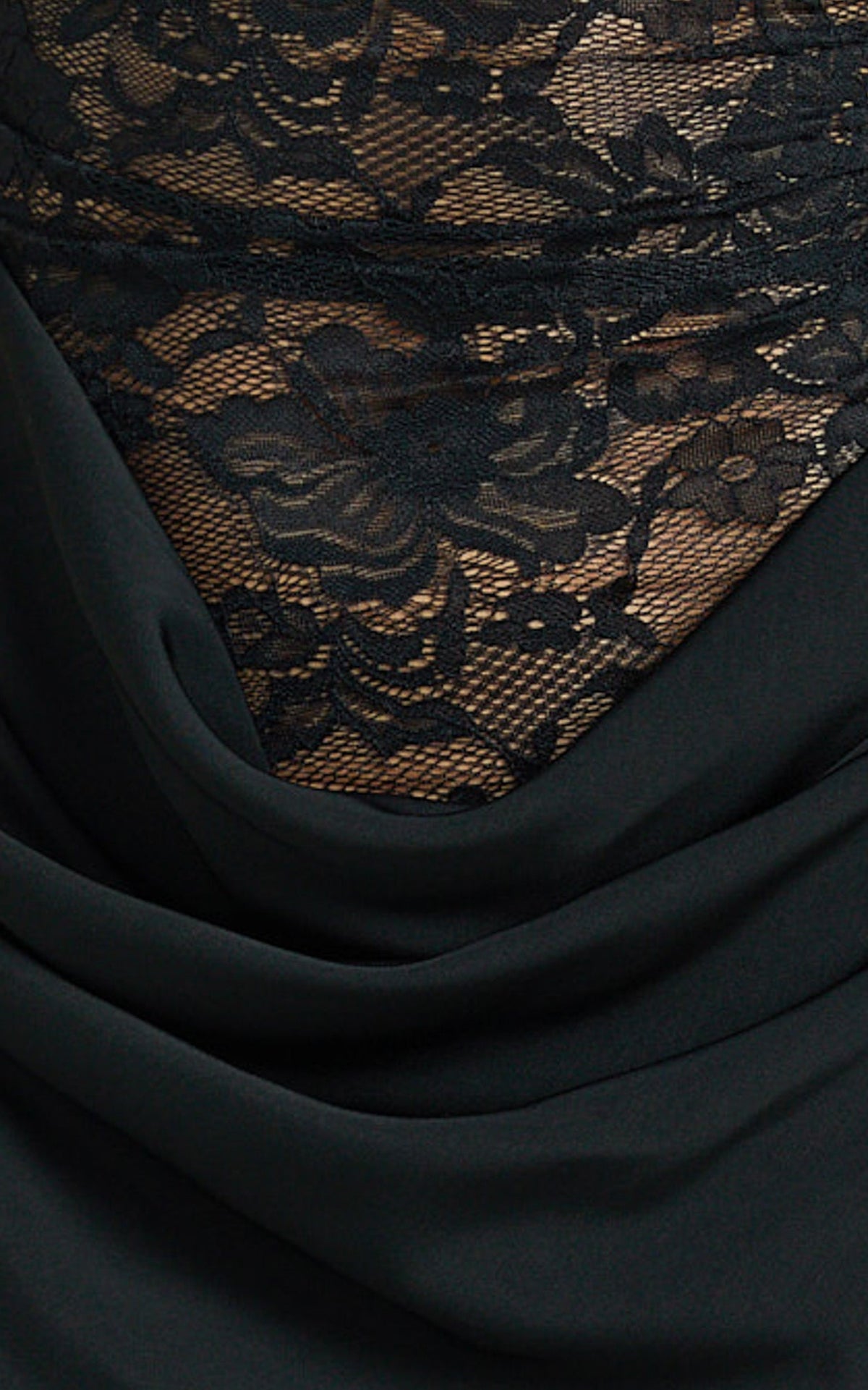 Rania Maxi Dress - Contrast Lace Bodice Bias Cowl Drop Waist Dress in Black