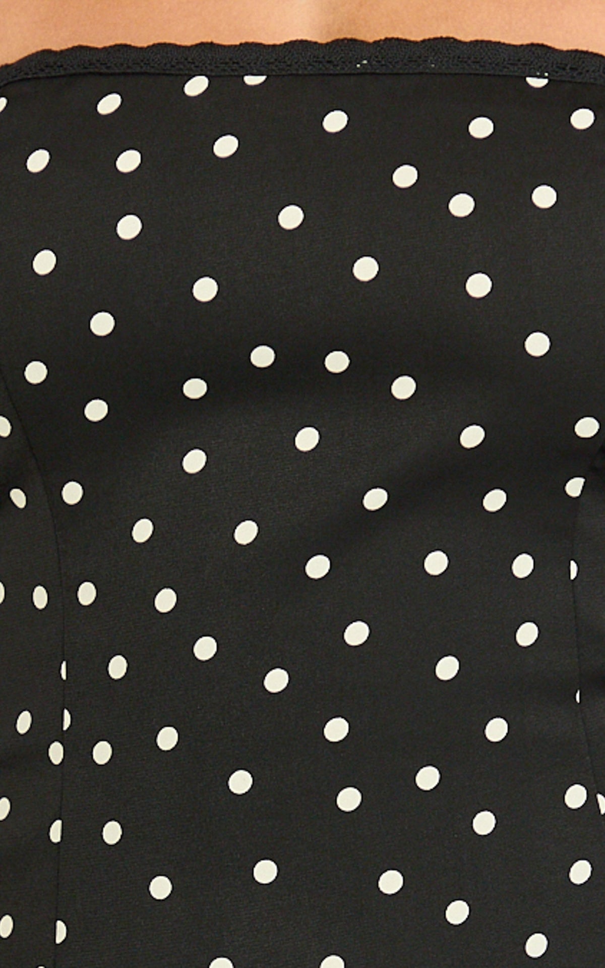 Seraphina Midi Dress - Polka Dot Strapless Lace Neck Gathered Mermaid Skirt Dress in Black Polka Dot