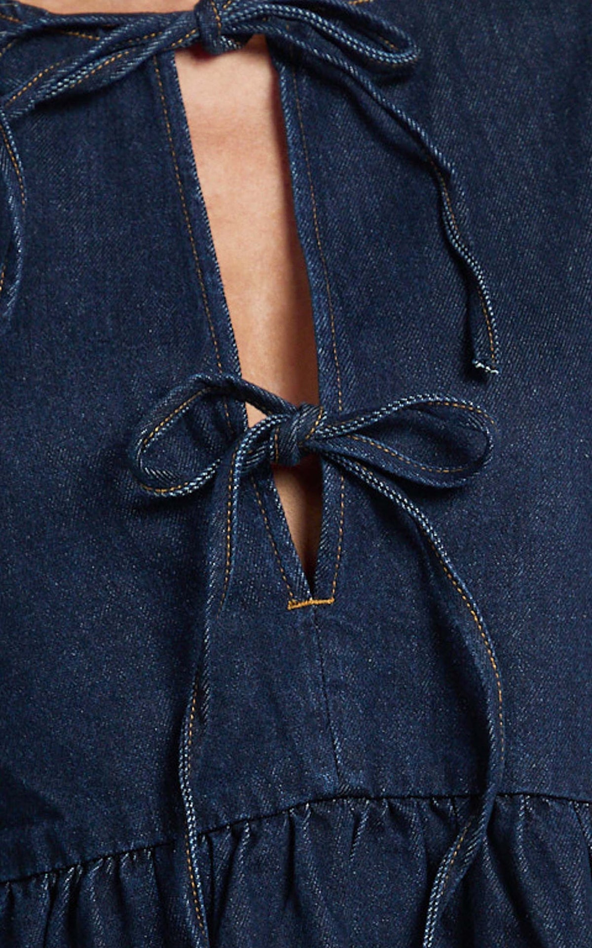 Shailene Mini Dress - Tie Front Puff Sleeve Recycled Denim Dress in Raw Indigo