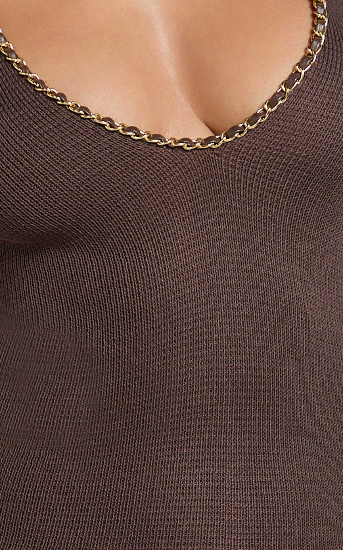 Shailene Mini Dress - Chain Strap V Neck Knitted Dress in Chocolate