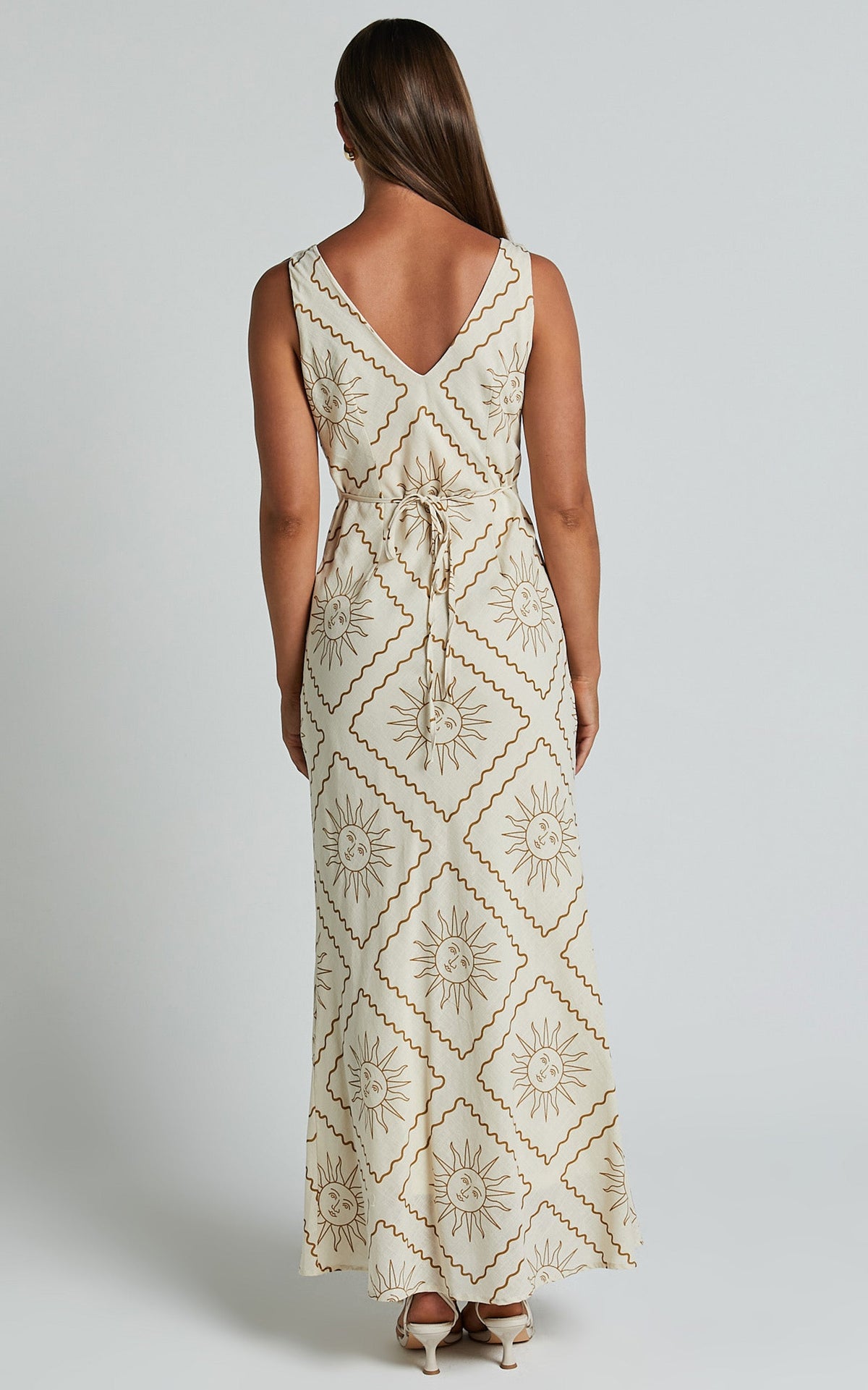 Sharlyn Midi Linen Blend Dress - Deep V Neck Sleeveless Slip Dress in Beige Sun Print