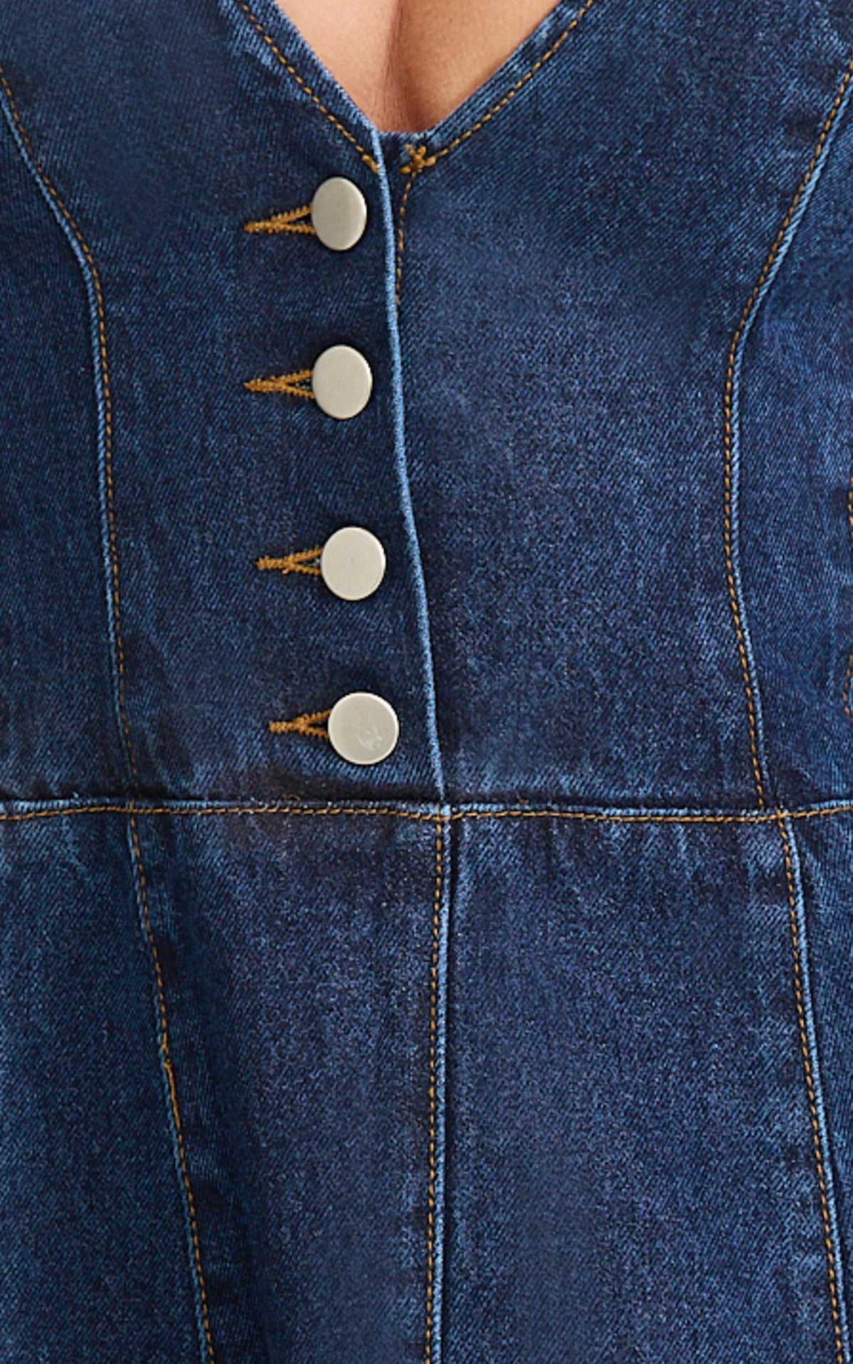 Sophie Mini Dress - Puff Sleeve V Neck Button Down Denim Dress in Dark Blue Wash