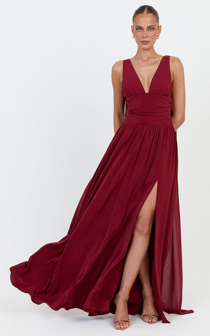 Tatiana Maxi Dress - Plunge Neckline Fit And Flare Dress in Wine