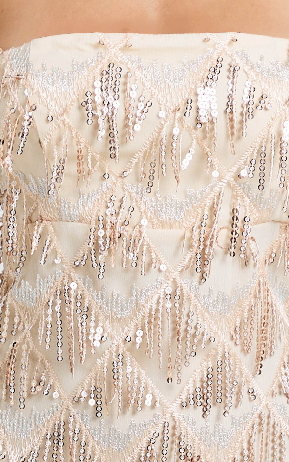 Variel Midi Dress - Strapless Fringe Sequin Dress in Champagne