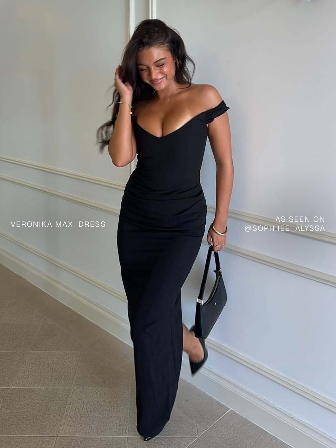 Veronika Maxi Dress - Off Shoulder Plunge High Split Dress in Black