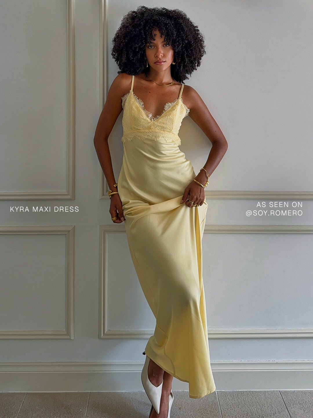 Kyra Maxi Dress - Lace Bust And Tie Back Satin Dress in Lemon