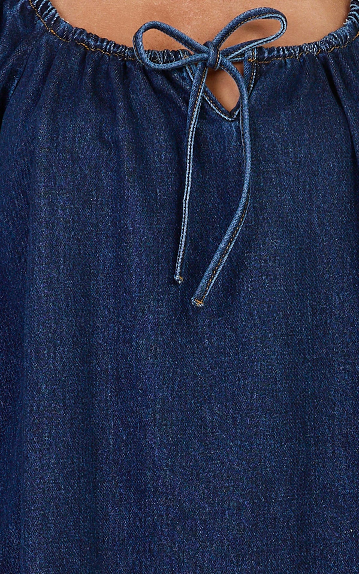Zaria Mini Dress - Tie Detail Long Sleeve Smock Dress in Dark Blue Wash