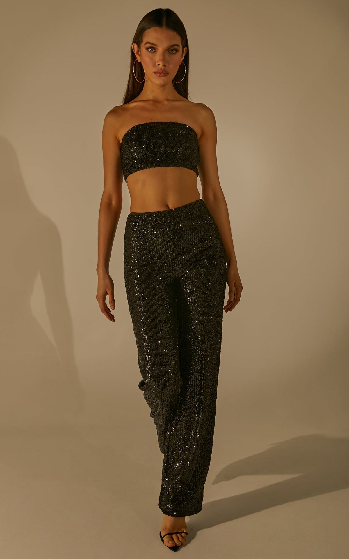 Imogen Two Piece Set - Bandeau Top and Straight Pants Set in Black Sequin