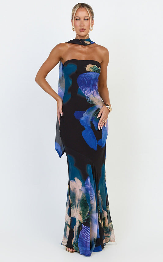 Solara Maxi Dress - Strapless Bias Column Dress With Scarf in Midnight Resort Orchid Print