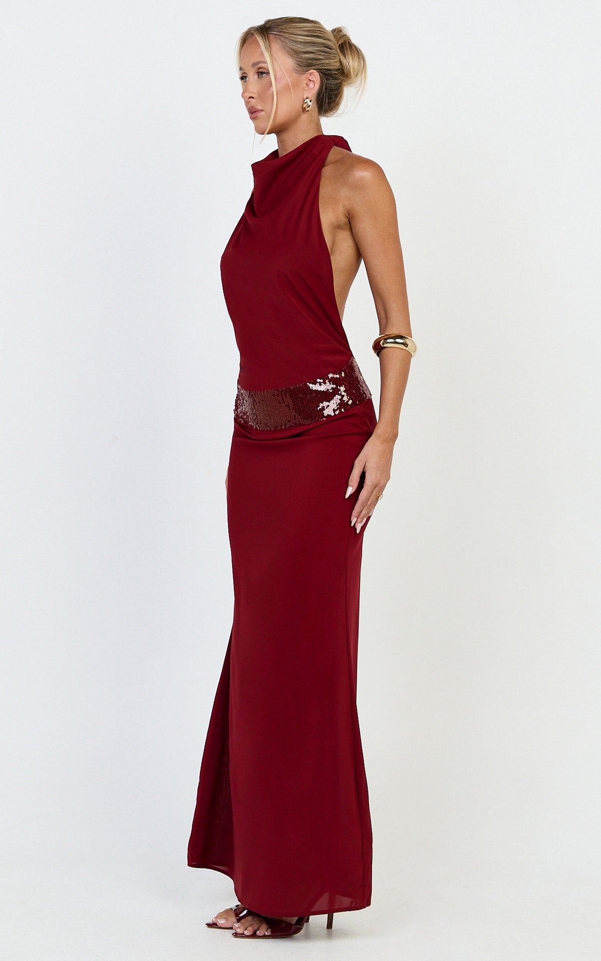 Evianne Maxi Dress - Backless Sequin Drop Waist Halter Dress in Wine