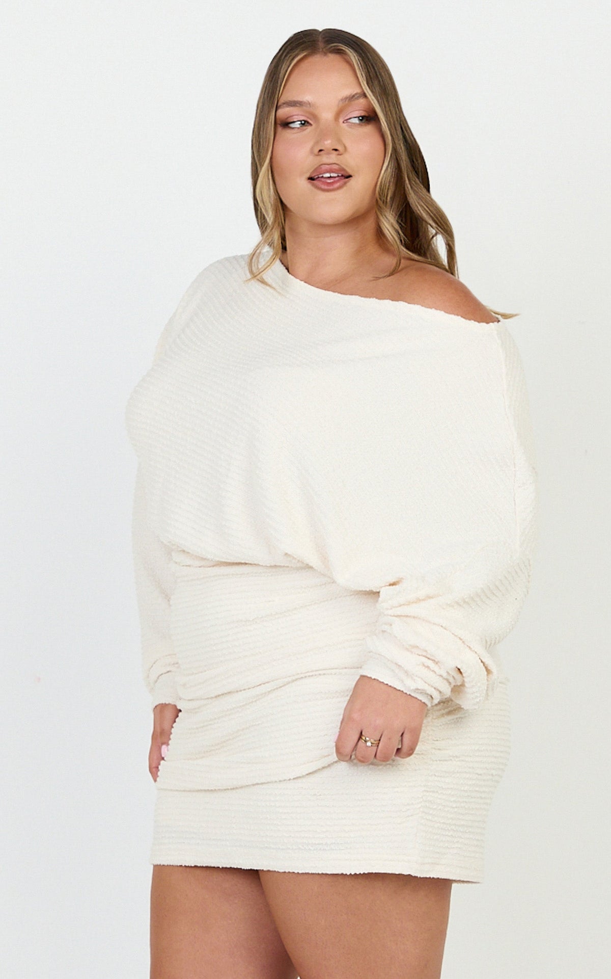 Alyce Mini Dress - Long Sleeve One Shoulder Dress in Off White