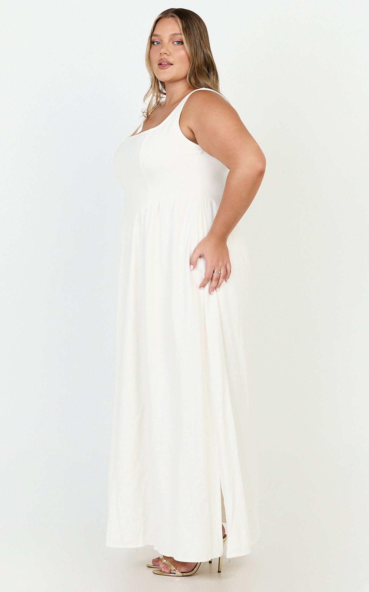 Rhaziya Midi Dress - Sleeveless Straight Neck Fit and Flare Dress in White