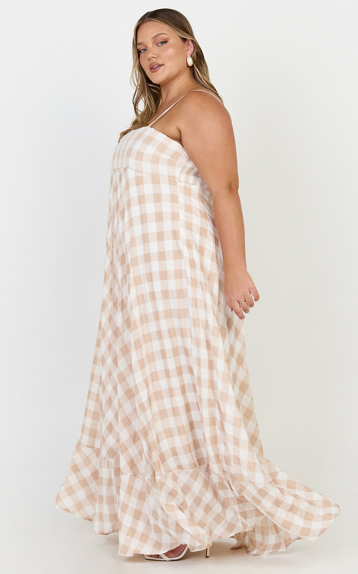 Katrien Maxi Dress - Strappy Empire Waist Flare Dress in Beige and White Check