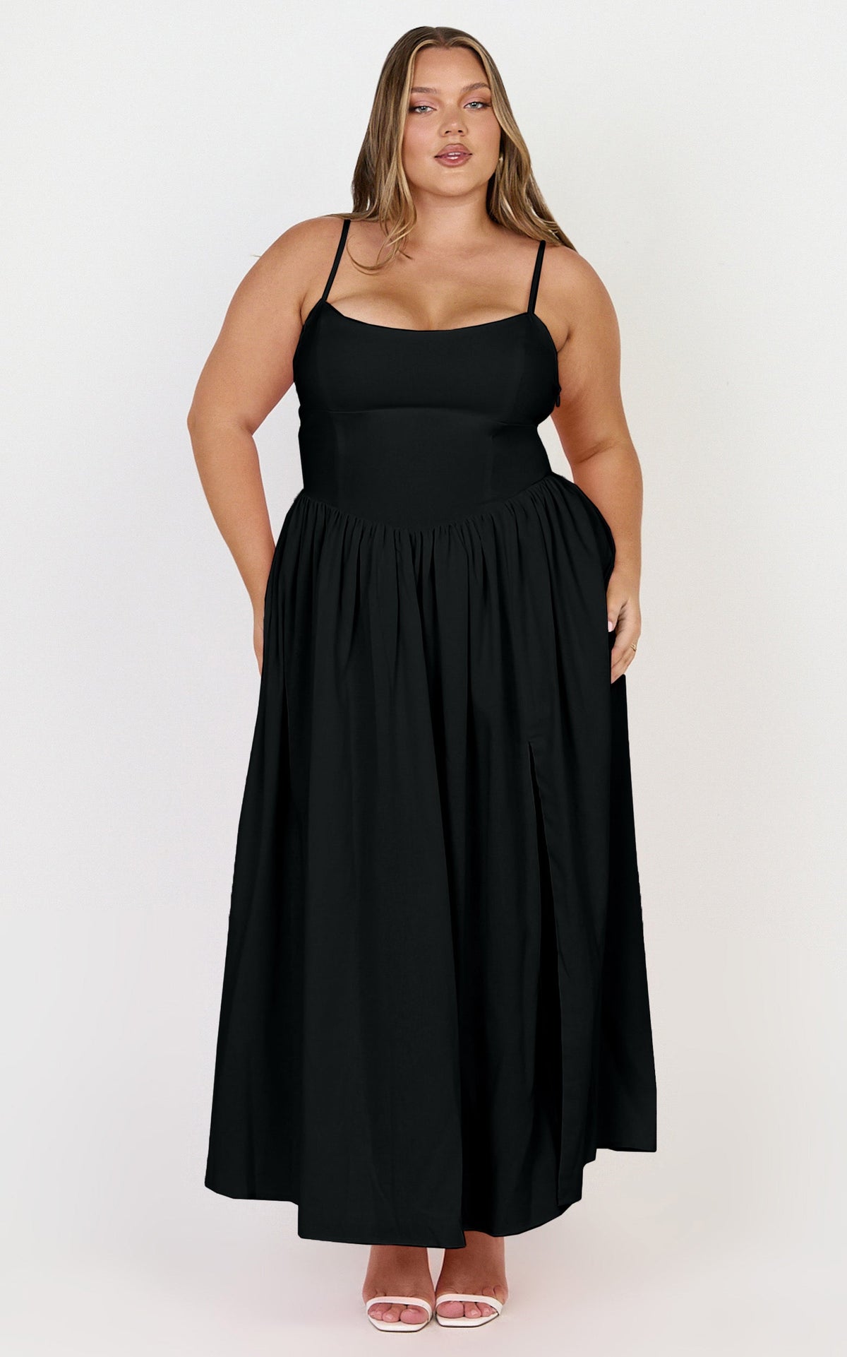 Morris Midi Dress - Linen Scoop Neck Gathered Dress in Black