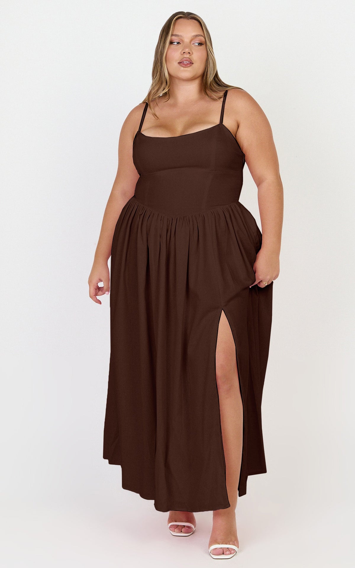 Morris Midi Dress - Linen Scoop Neck Gathered Dress in Chocolate
