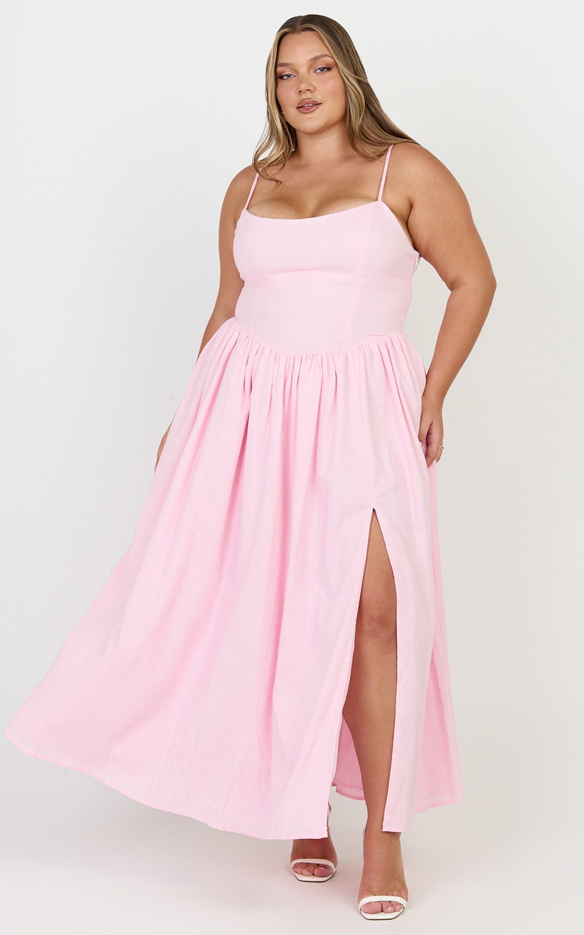 Morris Midi Dress - Linen Scoop Neck Gathered Dress in Pink