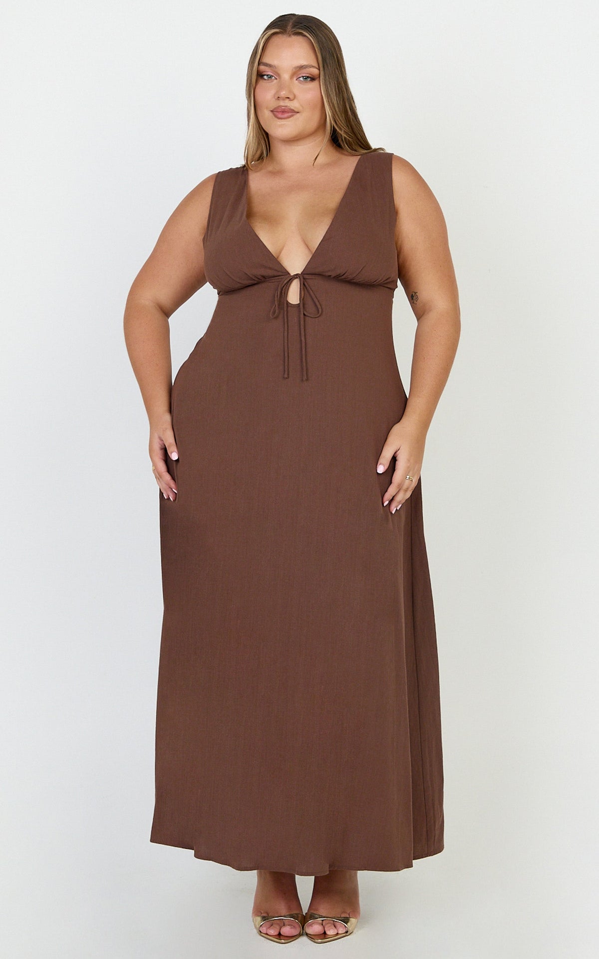 Silvena Midi Dress - V Neck Tie Front A Line Dress in Chocolate