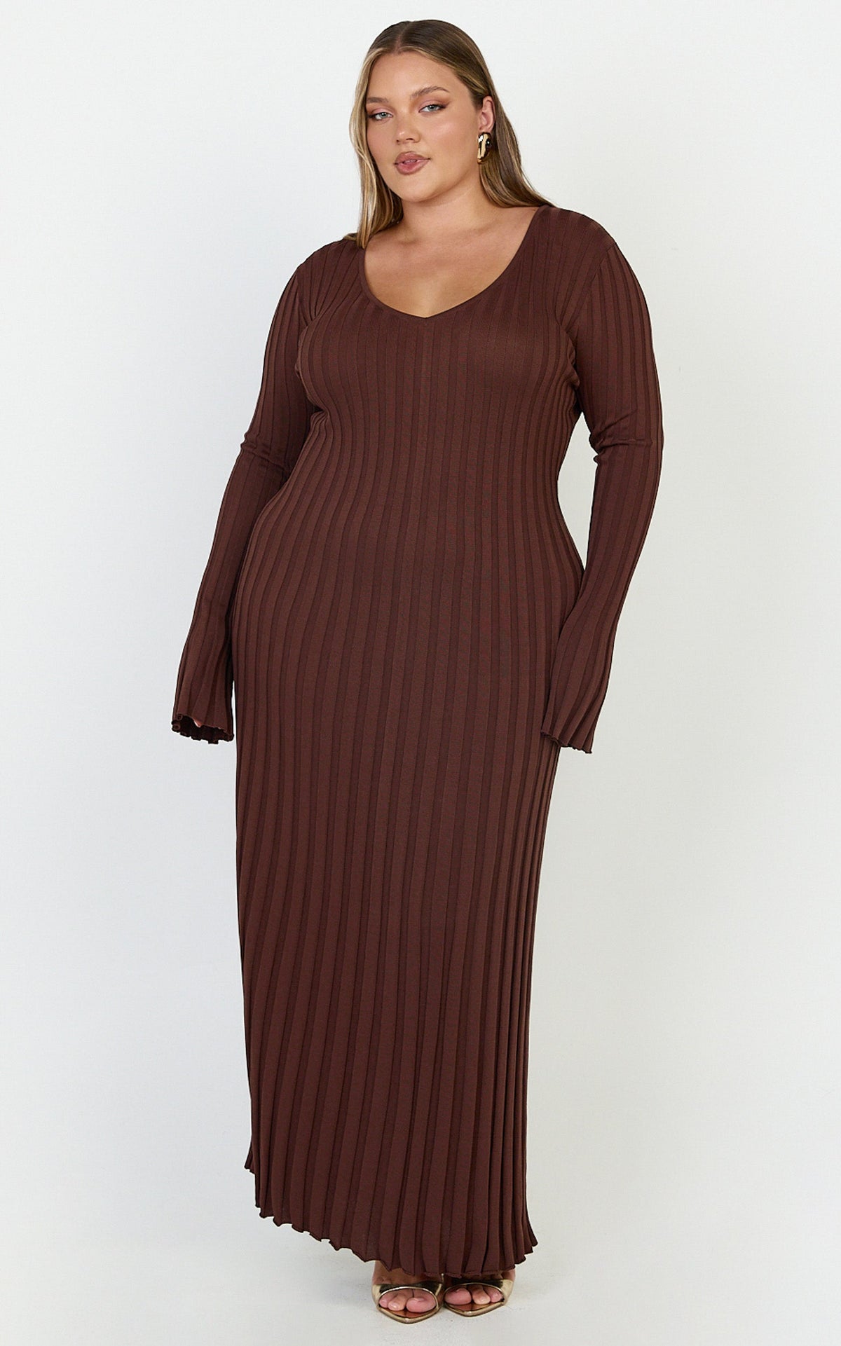 Astra Maxi Dress - V Neck Long Sleeve Knit Dress in Chocolate