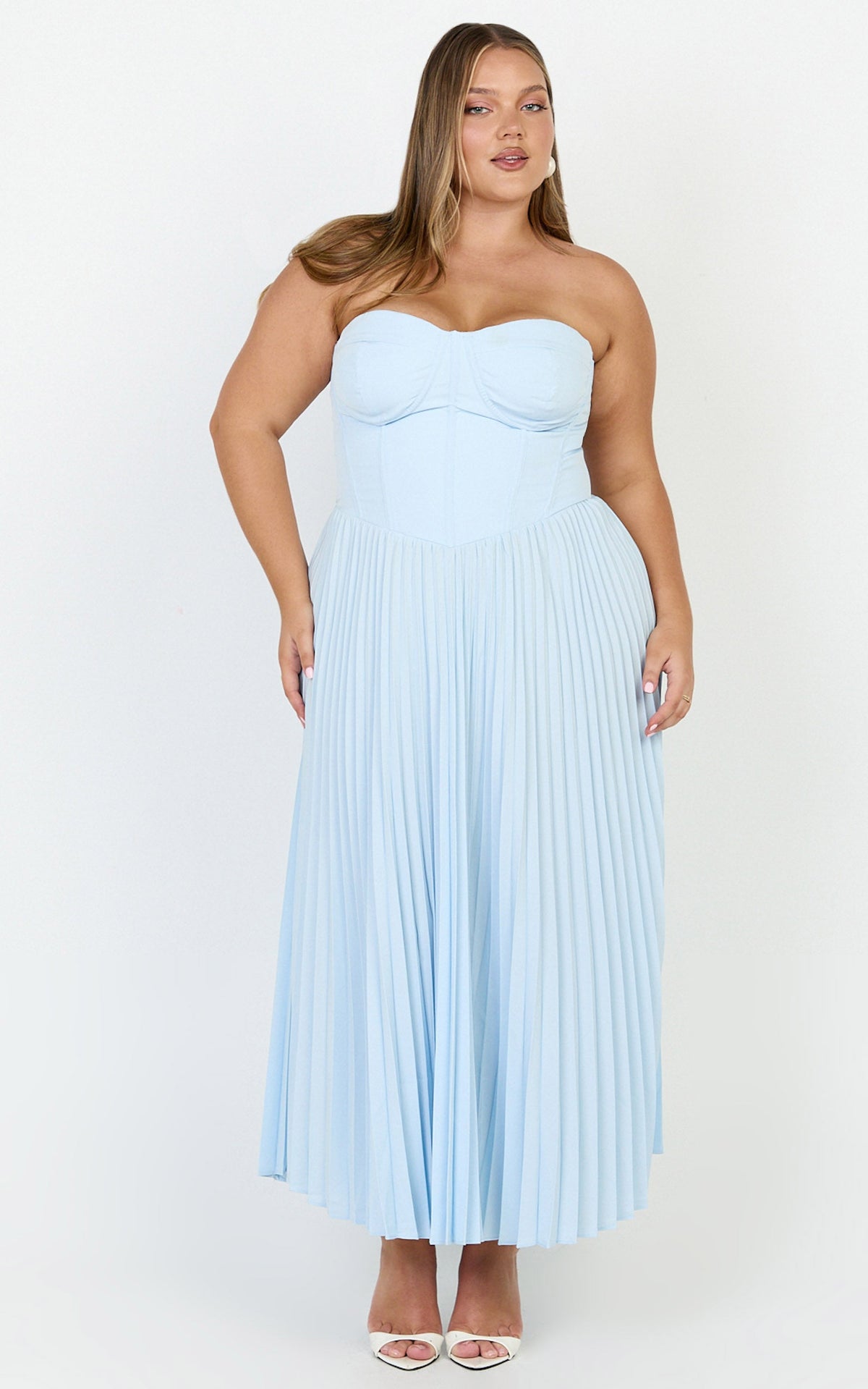Loretta Midi Dress - Lace Up Back Bustier Pleated Dress in Light Blue