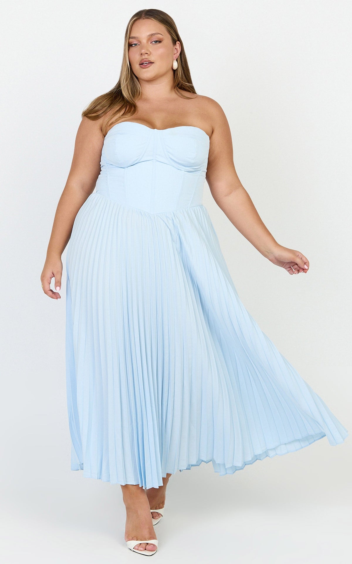 Loretta Midi Dress - Lace Up Back Bustier Pleated Dress in Light Blue