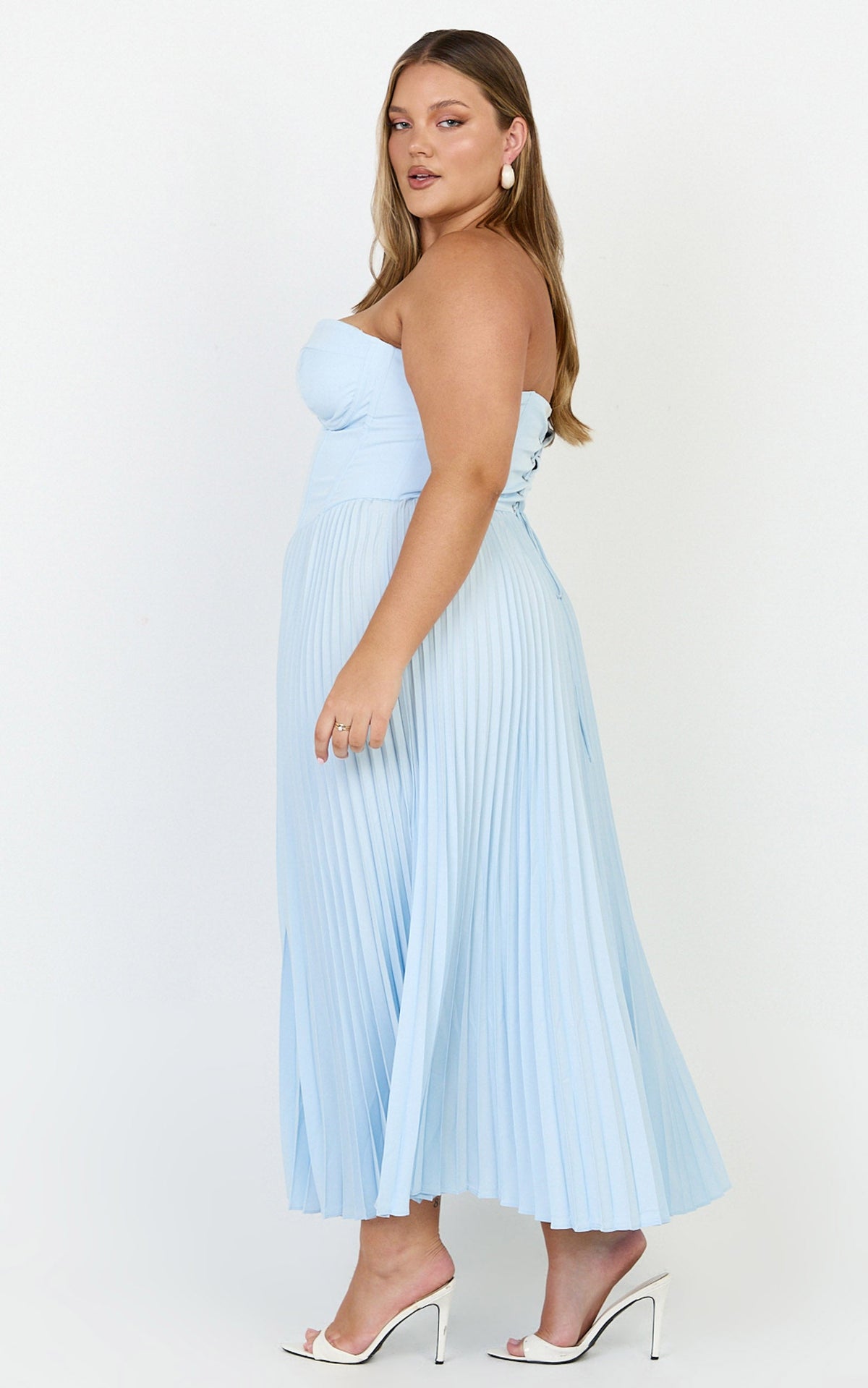 Loretta Midi Dress - Lace Up Back Bustier Pleated Dress in Light Blue
