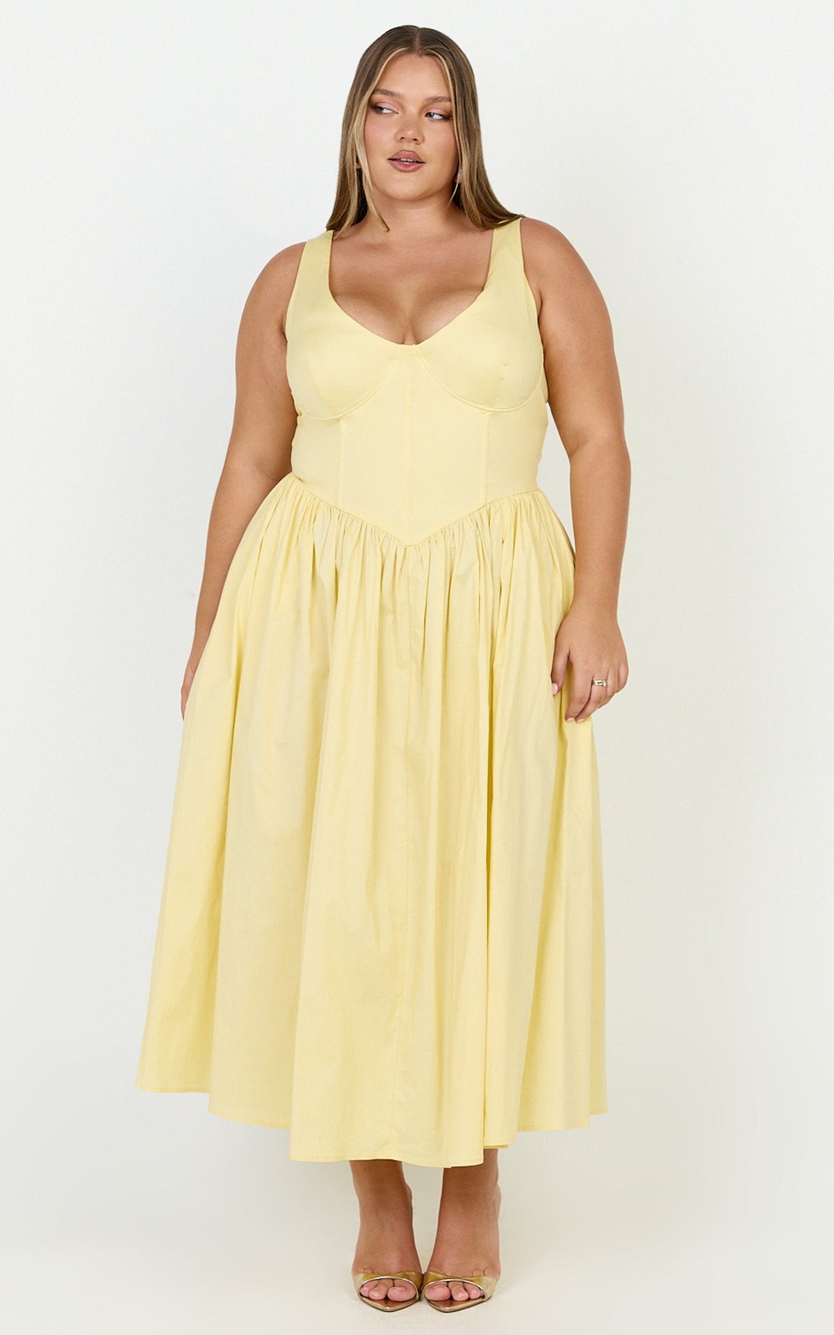 Beckett Midi Dress - Scoop Neck Drop V Waist Gathered Skirt Dress in Butter Yellow
