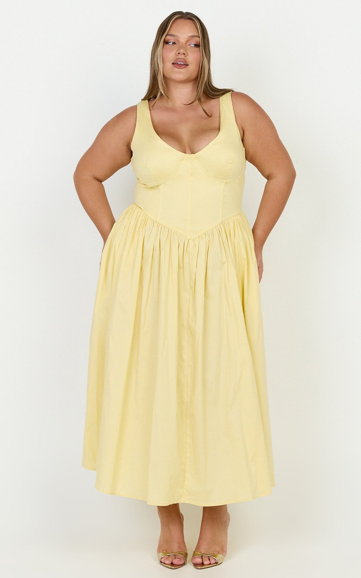 Beckett Midi Dress - Scoop Neck Drop V Waist Gathered Skirt Dress in Butter Yellow
