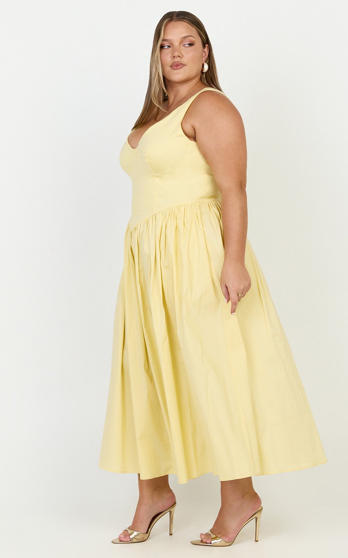 Beckett Midi Dress - Scoop Neck Drop V Waist Gathered Skirt Dress in Butter Yellow