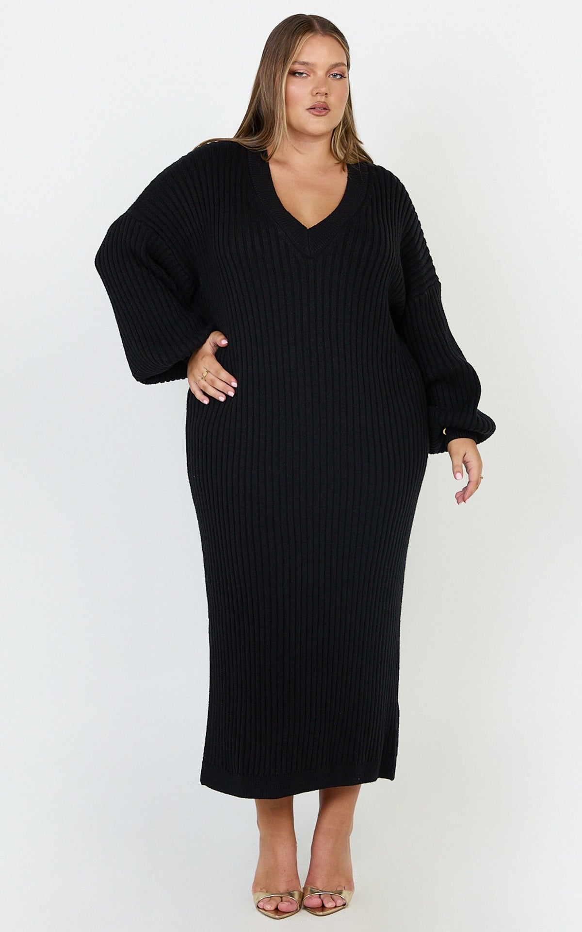 Kartia Midi Dress - V Neck Knit Dress in Black