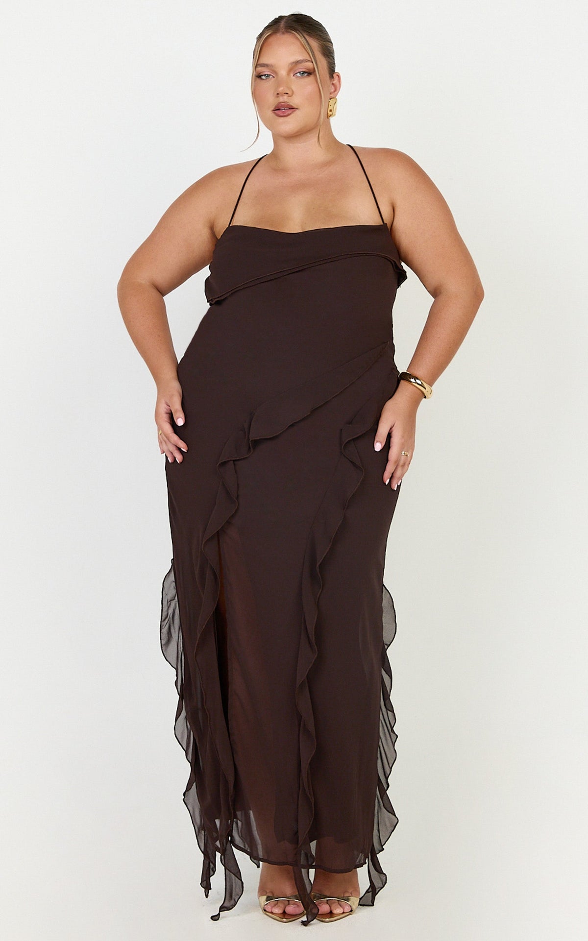 Connie Midi Dress - Ruffle Detail Dress in Chocolate